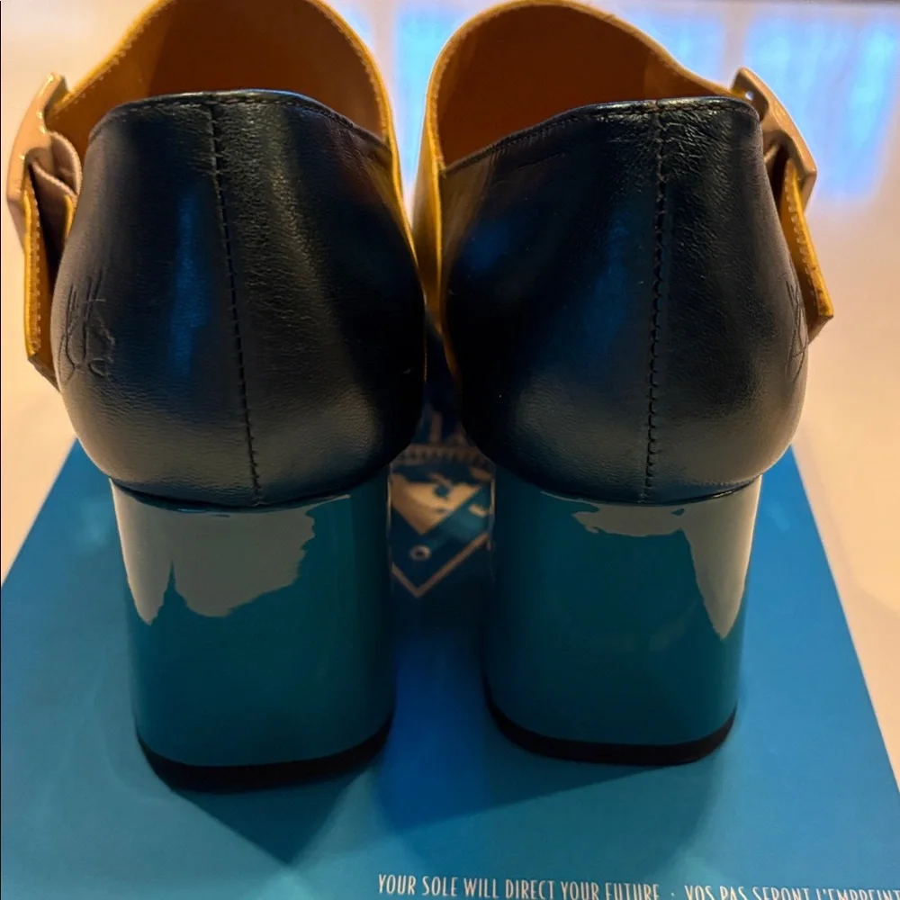 John Fluevog Teal and Yellow Heels Hermine Buckle 6.5 - Picture 4 of 8